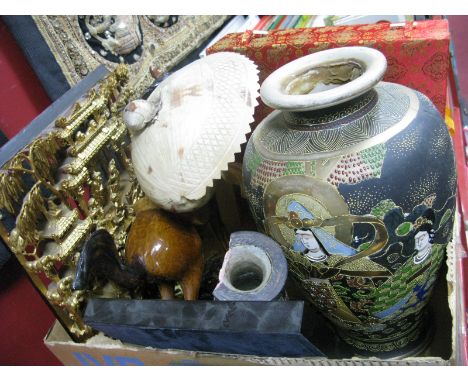 A Gilded Indian Wall Plaque, shell lamp, Tang horse, etc:- One Box