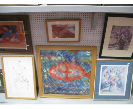 A Clare Hughes '86' Watercolour of a Fish, signed left handside, M. Boulet print still life of flowers in jug, Waldvogel prin