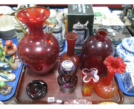 A Ruby Glass Vase, of ovoid form, large vase, amethyst glass carafe, etc:- One Tray