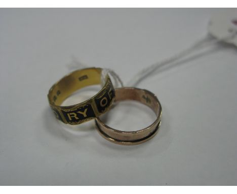 A XIX Century 18ct Gold Mourning Ring, "In Memory Of", highlighted in black  enamel; together with another ring, initialled. 