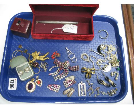 Costume Brooches, pendants, hallmarked silver engine turned pen, another stamped "925", "925" pendants, etc:- One Tray