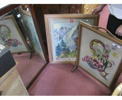 An Oak Fire Screen, with tapestry inset panel, Alpine Glory tapestry, mahogany framed mirror. (3)