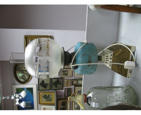 Early XX Century Painted Cast Iron Oil lamp, with turquoise glass well, (converted to electricity).