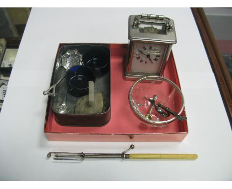 A Plated Carriage Clock, with French movement, silver rimmed glass bowl, XIX Century pickle fork, sifter spoon, alabaster cro