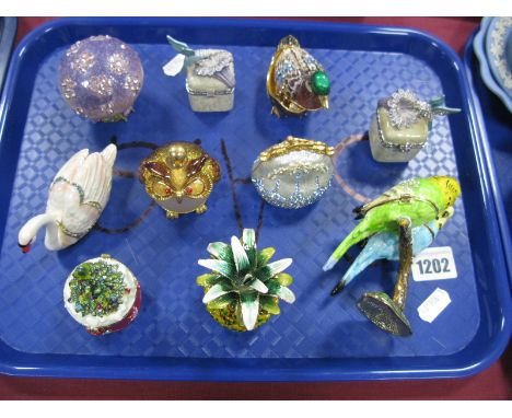 Arora and Other Enamel Trinket Boxes, including swan. mushroom, hummingbird on flower, purse, duck, pineapple, budgerigars, c