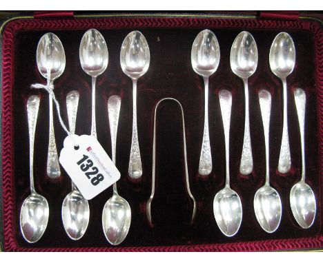 A Decorative Set of Twelve Hallmarked Silver Teaspoons, JR, Sheffield 1906, in original fitted case with matching sugar tongs