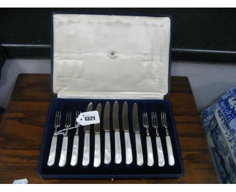 A Set of Six Hallmarked Silver and Mother of Pearl Dessert/Fruit Knives and Forks, Mappin & Webb, Sheffield 1924, in original