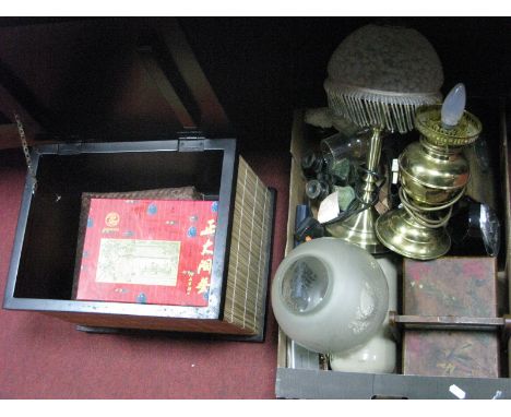 A Ladies Sewing Box, Metronome, barometer; together with a storage box, Chinese tea service:- Two Boxes