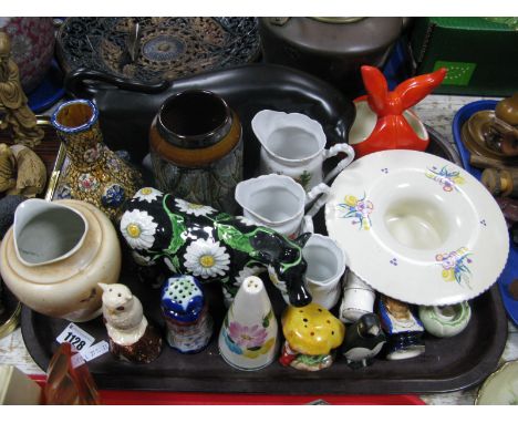 A Welbourne Style Bull, floral bull, Poole posy, Newlyn vase, condiments, etc:- One Tray