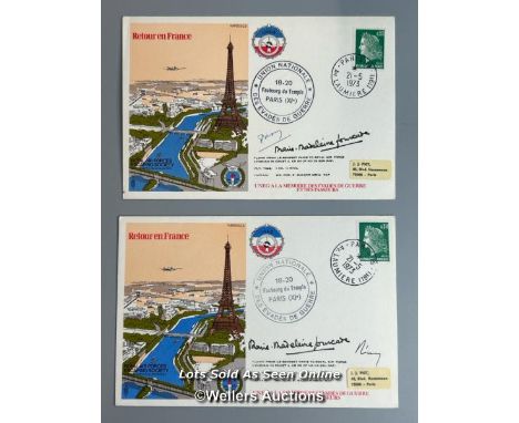 Two commemorative first day covers of "Retour en France", signed by Marie-Madeleine Fourcade (1909–1989) who was the leader o