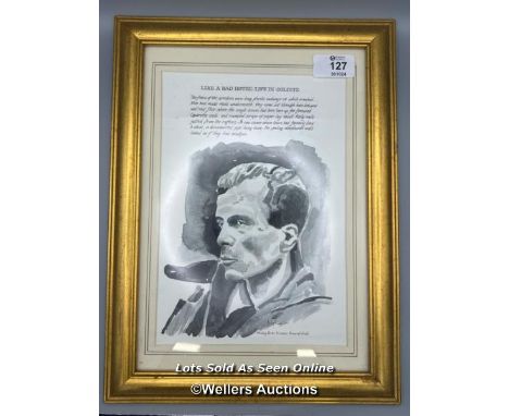 A framed watercolour and ink of "Like a Bad Hotel: Life in Colditz" by Andy Russell (2012), a portrait of Micky Burn Mission 