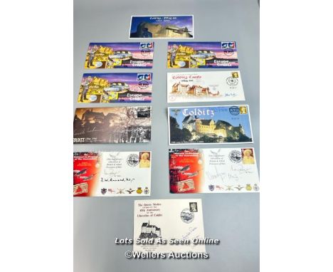 Three commemorative first day covers "Escape from Colditz", all signed by various prisoners of war held at Colditz Castle (Of