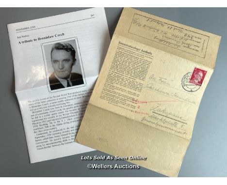 A prison letter written by Bronisław Czech (prisoner number 349, born 25th July 1908) from Auschwitz Concentration Camp. The 