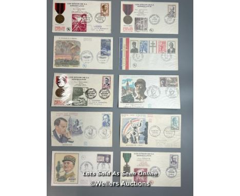 Ten mixed unsigned commemorative first day covers and lettersheets relating to WW2. This lot includes French interest and "Le