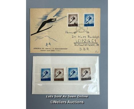 A commemorative Polish first day cover of the "12th Anniversary of Bronislaw Czech and Hannah Marusarzowna (skiers)" and four