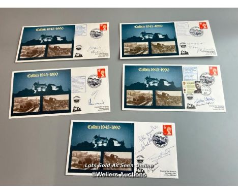Five commemorative first day covers "Colditz 1945-1990", all of which are signed by various prisoners of war held at Colditz 
