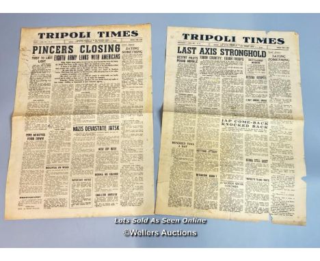 Two original wartime single-sheet newspapers the 'Tripoli Times' dated 9th April and 14th April 1943 published by the the Eig