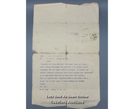 An original type-written communiqué (research suggests May 7th 1945) from Brigadier General Staff (P and PW) to DADPR of the 