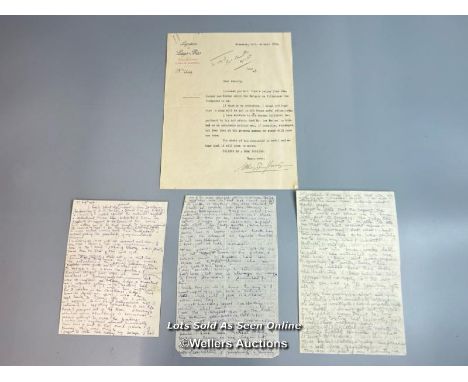 An original type written note addressed to Aveling dated 14th October 1918 about 1 month prior to the armistice of the Great 