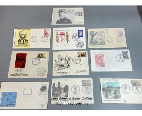 Ten mixed commemorative first day covers and lettersheets relating to WW2. This lot includes French interest and "Heroes De L