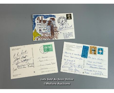Two mixed commemorative postcards and one sealed letter bearing the signatures and written by Major Patrick "Pat" Reid post-w