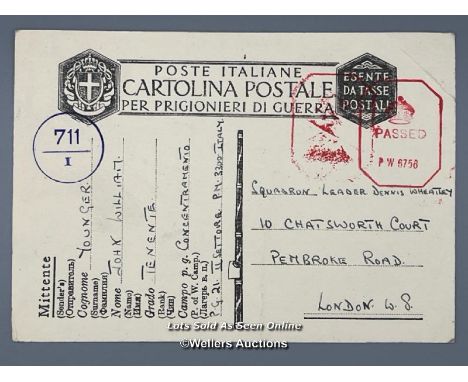 An original wartime postcard dated 24th December 1942 from Camo P.G. 21 at Chieti, Italy to Squadron Leader Dennin Wheatley, 