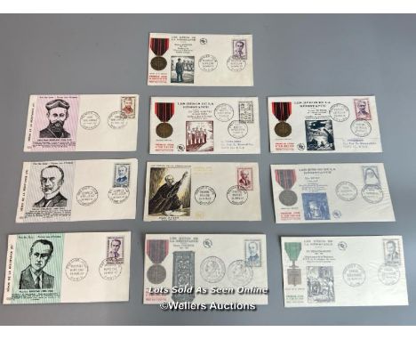 Ten mixed unsigned commemorative first day covers and lettersheets relating to WW2. This lot includes French interest and "He