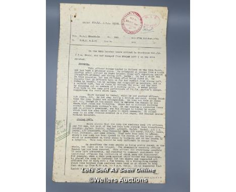 A type-written document regarding Flight Lieutenant John Talbot Lovell Shore (39177) of the RAFO detailing his escape from oc