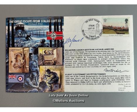 Two commemorative first day cover envelopes of "Stalag Luft III", two signed by Squadron Leader Bertram Arthur James MC (a Br