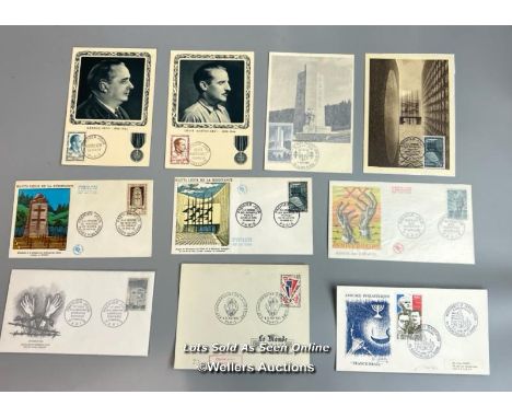 Ten mixed unsigned commemorative first day covers, lettersheets and postcards relating to WW2. This lot includes French inter