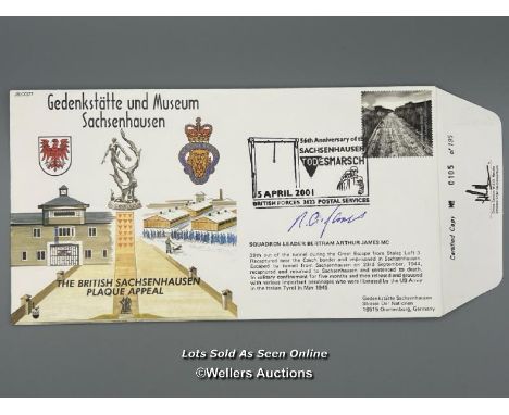 A commemorative first day cover (105/195) "Gedenkstatte Und Museum Sachsemhausen", signed by Squadron Leader Bertram Arthur J