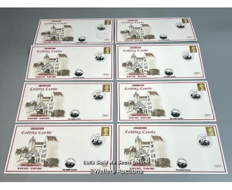 Eight matching commemorative first day covers "Liberation Colditz Castle", seven unsigned and one signed by Michael Booker, c