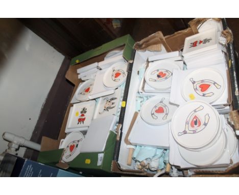 TWO BOXES OF DECORATIVE CERAMIC TRAYS, ETC