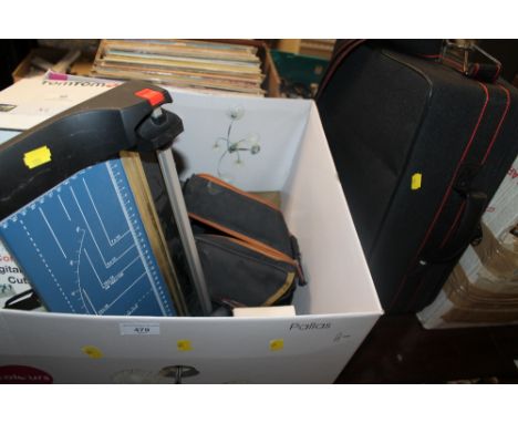 A BOX OF CAMERA ACCESSORIES AND TRAVEL BAGS, ETC 