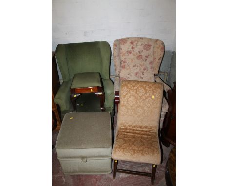 THREE ASSORTED UPHOLSTERED CHAIRS WITH A FOOTSTOOL AND POUFFE 