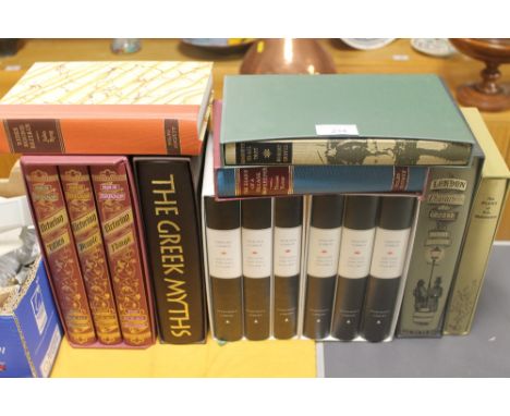 A COLLECTION OF FOLIO SOCIETY BOOKS, TO INCLUDE GREEK MYTHS, THE PLUMPS OF P.G WODEHOUSE, RIDES ROUND BRITAIN, ETC 