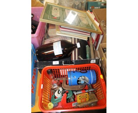 TWO TRAYS OF COLLECTABLES TO INCLUDE MEDICAL BOOKS, VINTAGE TINS, THERMOMETER, 'G' CLAMPS, MINI BUTANE COOKER, ETC 