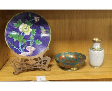 A CLOISONNE ENAMEL PLATE ON STAND TOGETHER WITH A CLOISONNE VASE AND ALSO A PAINTED BRASS BOWL 