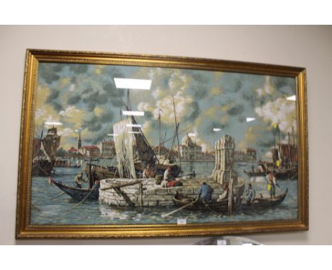 A FRAMED AND GLAZED INTRICATE TAPESTRY OF A VENETIAN HARBOUR SCENE 