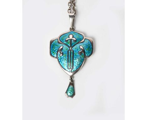 A Smith and Ewen silver and enamel pendant, shield shaped, cast in low relief with flower motif, enamelled blue and green, wi