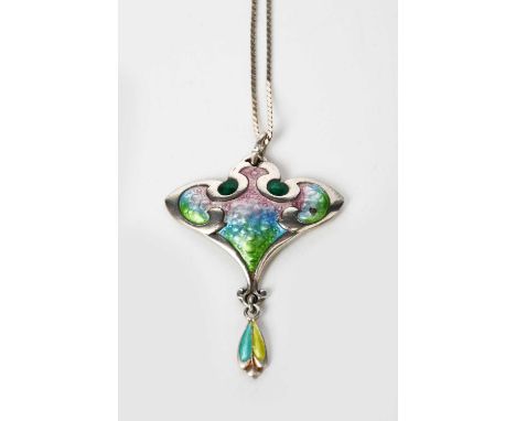 A Smith and Ewen silver and enamel pendant, cast in low relief enamelled blue pink and green, with small drop enamelled blue 