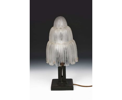 A Sabino Waterfall  frosted glass table lamp shade and patinated metal base, polished and frosted glass shade modelled as a w