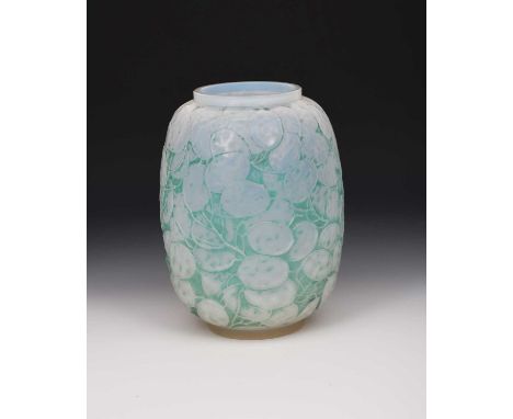 'Monnaie Du Pape' no 897 a Lalique blue stained opalescent glass vase designed by Rene Lalique, shouldered form, moulded in r