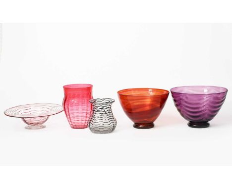 A James Powell &amp; Sons Whitefriars threaded glass vase, shouldered, cylindrical form, tinted pink glass internally decorat