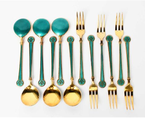 Twelve David Anderson silver-gilt and enamel spoons and forks, with enamelled green panels, stamped marks, 13cm. long (24)