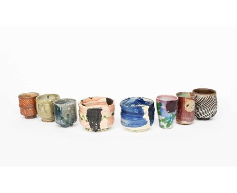 Sandy Brown (born 1946)Footed bowlearthenware, cylindrical form, painted in colours, another similar and a collection of tea 
