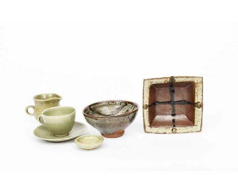 Janet Leach (1918-1997)Square disha Leach Pottery stoneware dish, resist decorated with cross motif, a Leach Pottery bowl by 