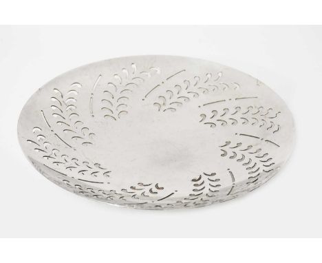 A Mappin &amp; Webb electroplated metal tazza designed by Keith Murray,  circular on low foot, the rim with pierced radiating