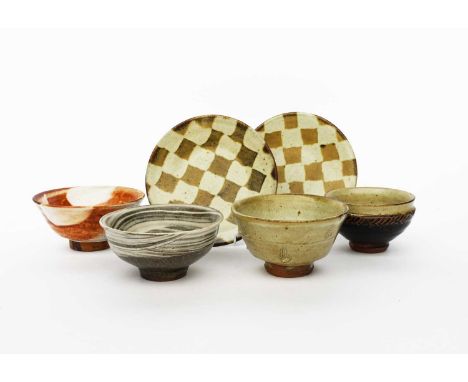 Phil Rogers (1951-2020)Footed bowla stoneware bowl, flaring form with incised comb decoration, glazed ash, three other bowls 