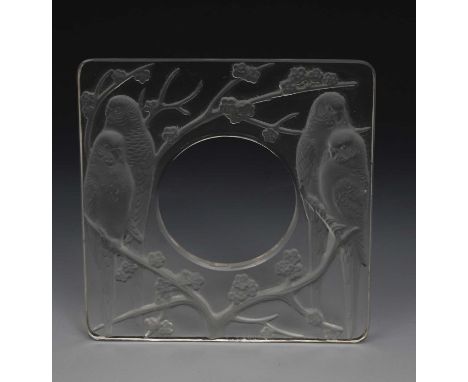 'Inseperables' no 765 a Lalique clear and frosted glass clock case designed by Rene Lalique, moulded R Lalique, 10.8 x 11cm. 